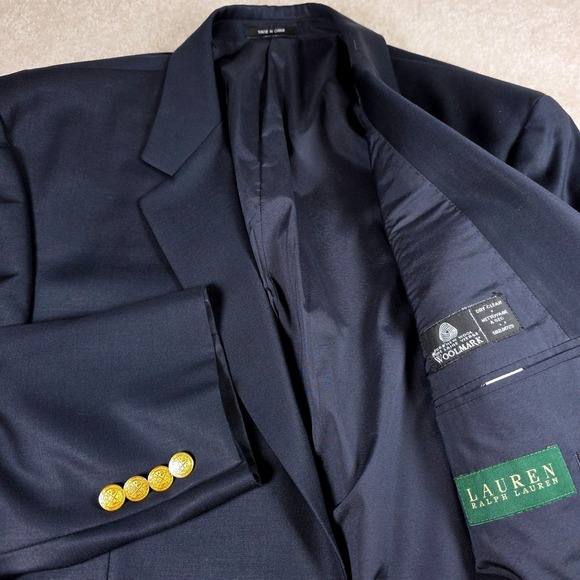 Lauren Ralph Lauren Blazer Mens 43R Navy Blue Wool Gold Button Notch Lapel Lined